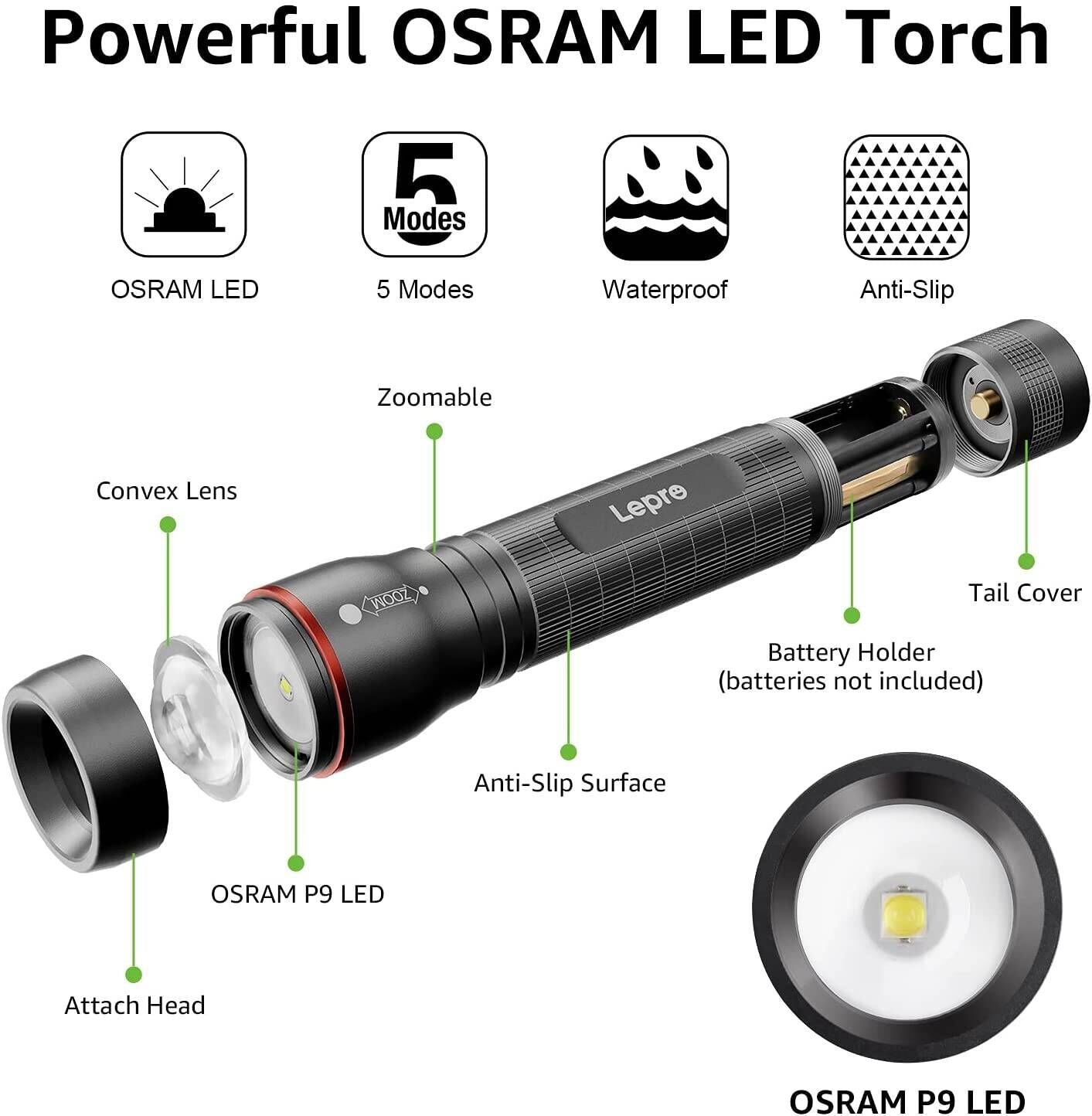 Lepro LED Tactical Flashlight (AA Battery)