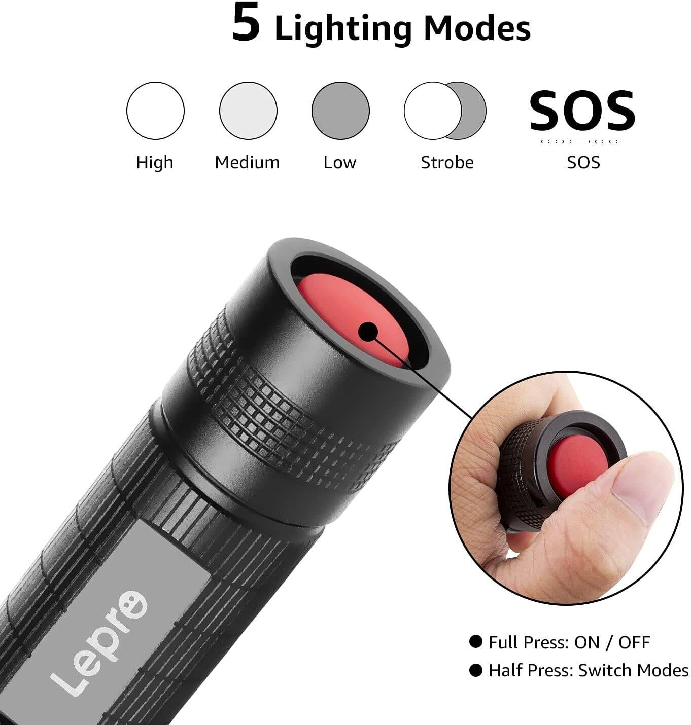 Lepro LED Tactical Flashlight (AAA Battery, 2-Pack)
