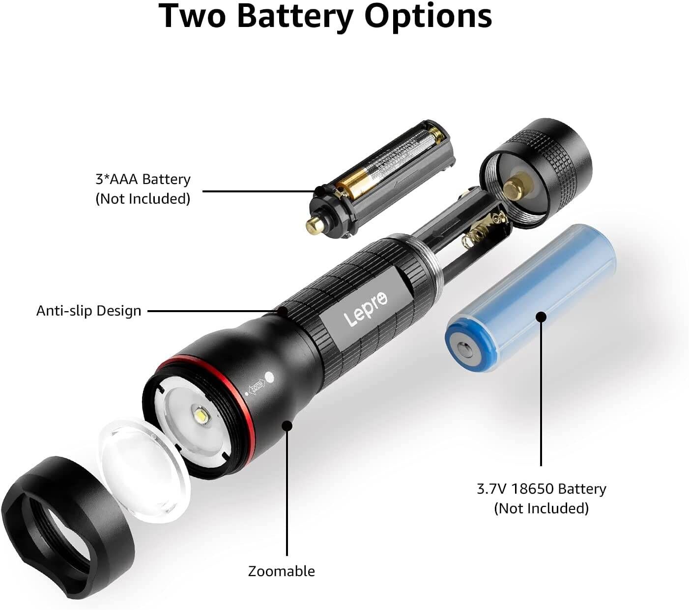 Lepro LED Tactical Flashlight (AAA Battery, 2-Pack)