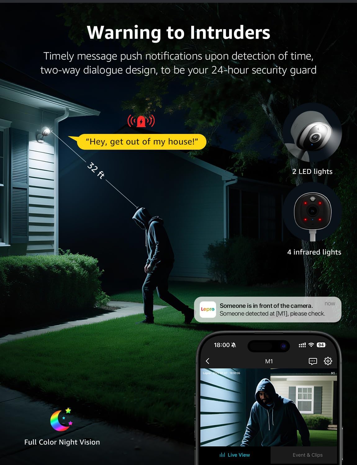 Lepro 2K Security Indoor & Outdoor Camera for Baby Care, Pet Monitoring, Remote Intercom, Night Vision, 2-Way Audio, Cloud & SD Card Storage (SD Card Not Included)