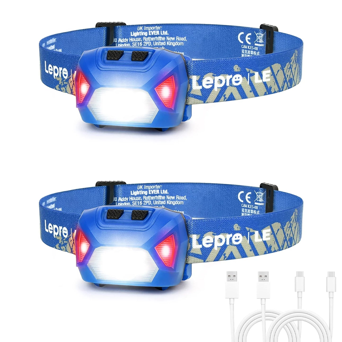 Lepro Blue 2-Pack Headlamps Rechargeable 2000Lux Super Bright, LED Head Lamp with 6 Modes for Camping & Hiking Gear Essentials, IPX4 Waterproof Flashlights with Adjustable Headband,USB Cable Included
